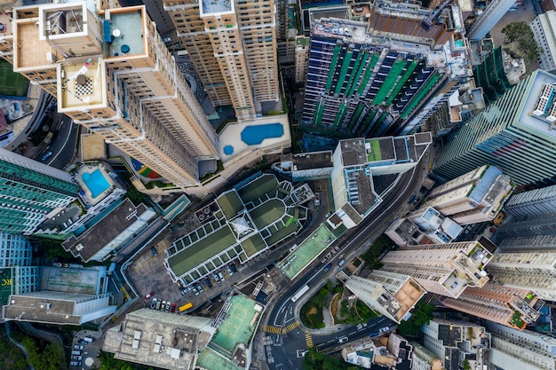 Central, Hong Kong 29 April 2019: Top view of Hong Kong downtown city