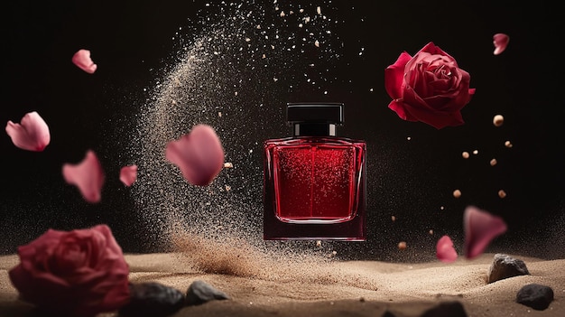 central packshot on black background of a red glass perfume suspended in the air with pink roses and