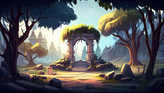 Central Park 2D background environment for a mobile game A high quality horizontal background landscape Gaming template design location Generative ai