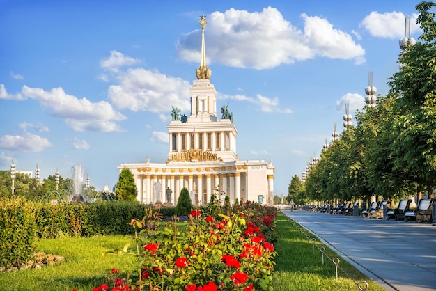 Central pavilion and red roses VDNH Moscow Caption Union of Soviet Socialist Republics