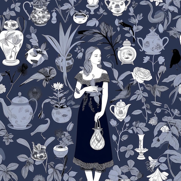 In the centre is a young woman dressed smartly Delicate plants and porcelain vases and birds