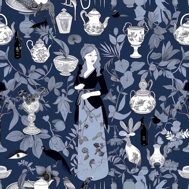 In the centre is a young woman dressed smartly Delicate plants and porcelain vases and birds