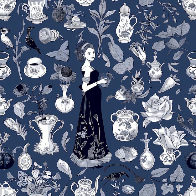 In the centre is a young woman dressed smartly Delicate plants and porcelain vases and birds