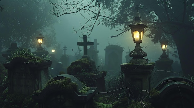 Centuriesold cemetery scene with mosscovered headstones surrounded by dense fog and dimly lit lanterns