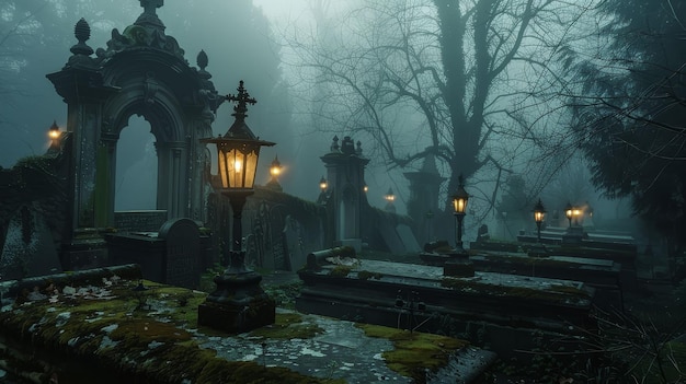 Centuriesold cemetery shrouded in fog with mosscovered headstones arranged in rows under dimly lit lanterns