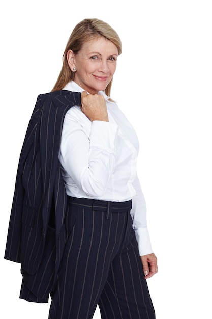 Ceo manager and portrait of business woman posing in elegant stylish and corporate fashion with smile Professional business attire of confident and happy senior worker at isolated white background