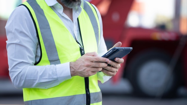 CEO or Manager in white helmet with tablet control loading Containers box in warehouse manager