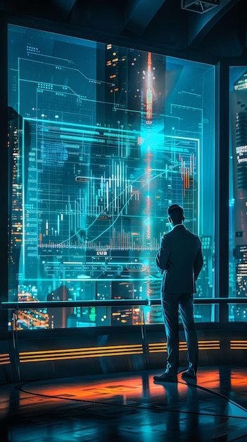 CEO reviewing financial charts on a holographic display hightech boardroom neon blue accents cyberpunk style