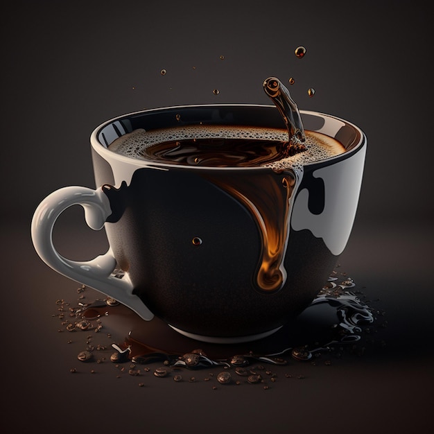 Ceramic black mug or cup with hot coffee splash on black background