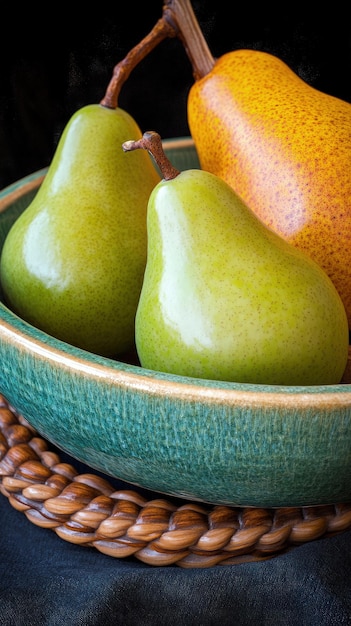 Ceramic bowl handmade with a unique glaze filled with fresh fruits soft natural light