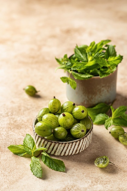 Ceramic bowl of raw healthy gooseberry with mint leaves on beige textured background