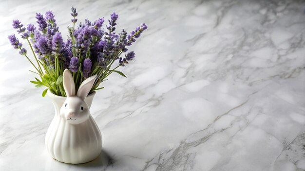 Photo ceramic bunny vase with lavender flowers on marble surface in natural light