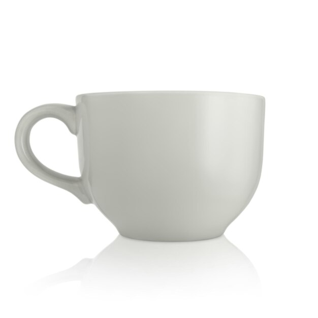 Ceramic cup Large empty ceramic mug on a white background Mug with a handle Gray cup