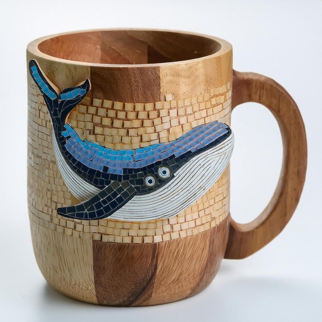 a ceramic cup with a bird on it that has a fish on it