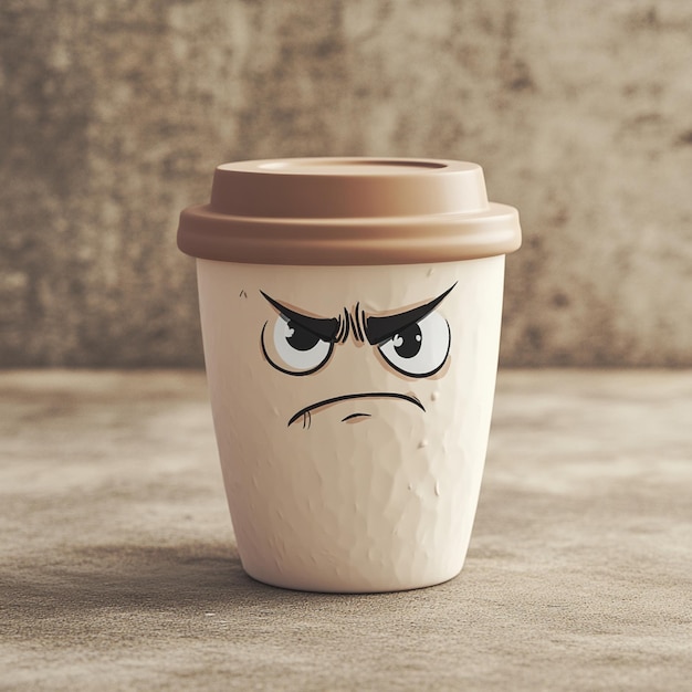 a ceramic cup with a sad face on it