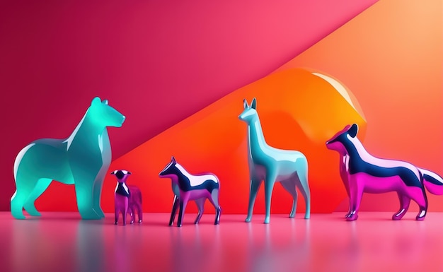 Ceramic and glass animal figurines on pink background Retro futuristic style bright colors