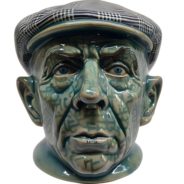 Photo ceramic head sculpture with flat cap