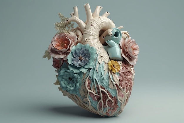 A ceramic heart with flowers and a bird on it