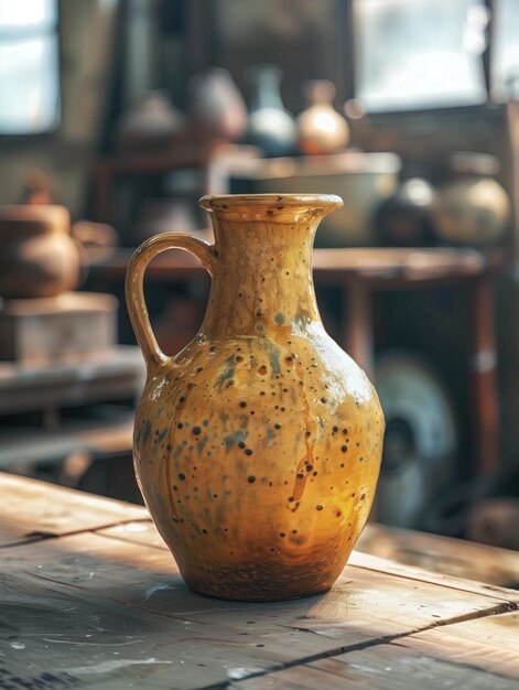 Ceramic jug Earthy tones Traditional craftsmanship Captured in a serene pottery workshop under soft daylight Realistic Rim lighting Depth of field bokeh effect