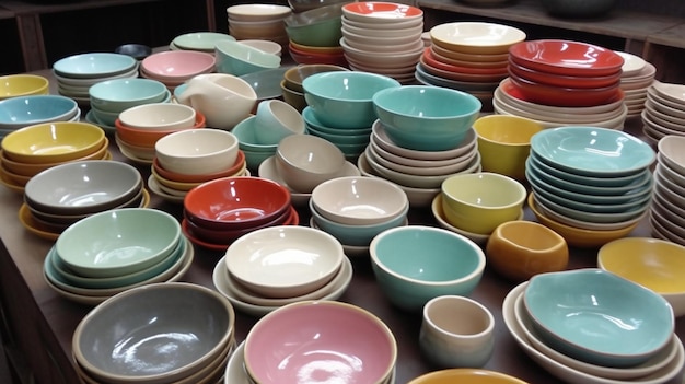 Ceramic kitchen cups and plates and bowls generative AI