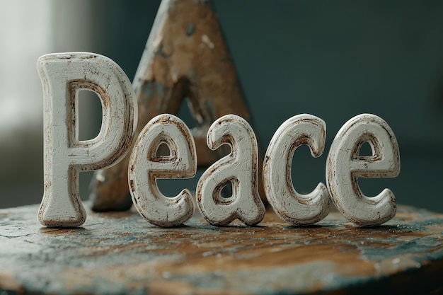 Photo ceramic lettering spelling out peace on a rustic wooden surface