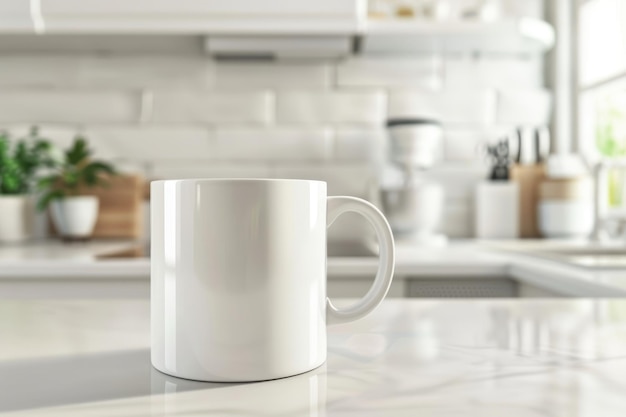 Photo ceramic mug placed on a bright kitchen countertop ideal for mockups or product displays