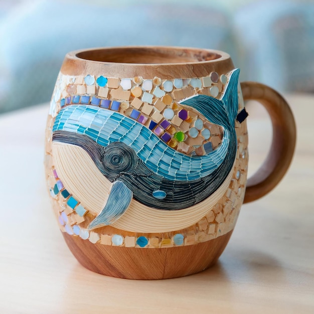 Photo a ceramic mug with a fish on it has a blue fish on it