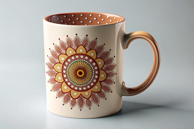 a ceramic mug with a flower design on it is painted on a gray background