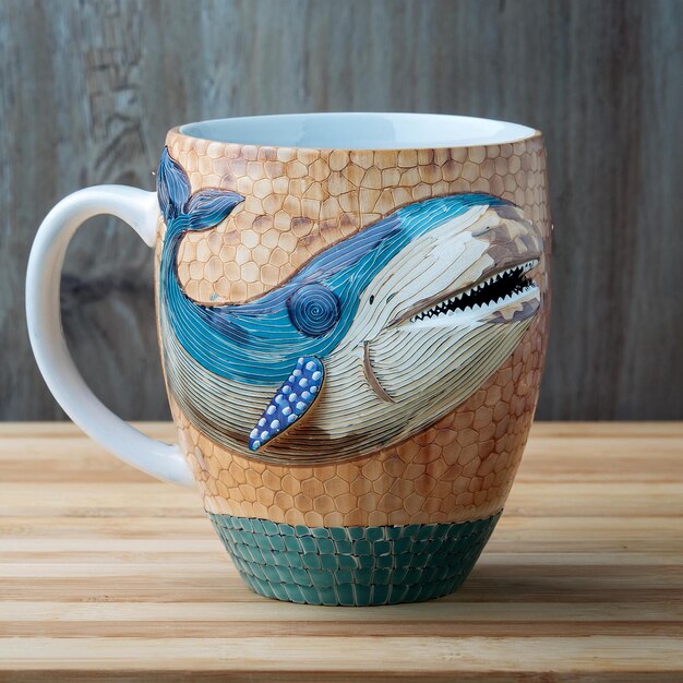 Photo a ceramic mug with a shark face on it that has a fish face on the side