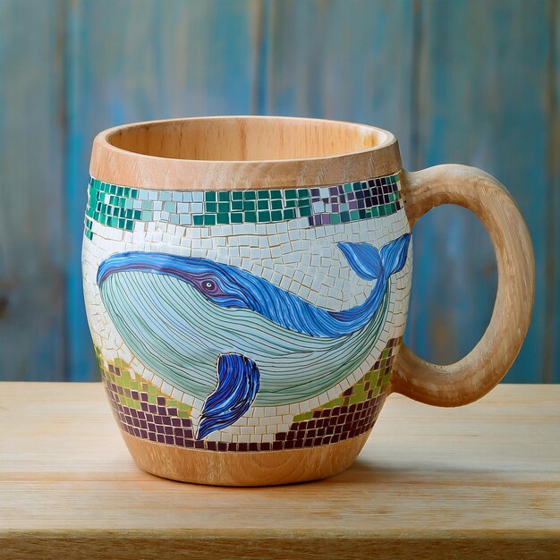 Photo a ceramic mug with a whale on it sits on a table