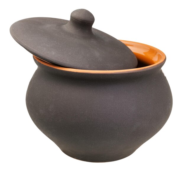 Ceramic pot with slightly open cover isolated