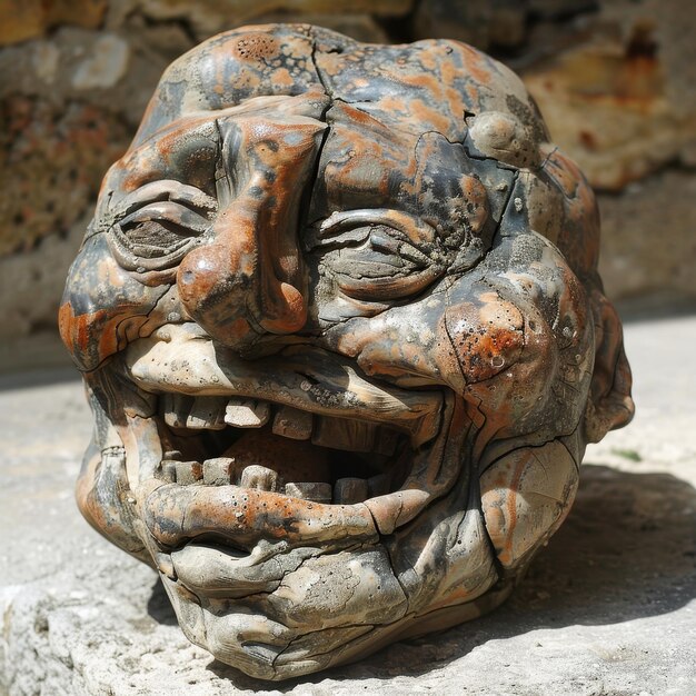 a ceramic sculpture of a face with a snake in it