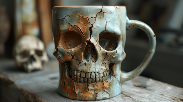 Ceramic skull mug on rustic wooden table with blurred background