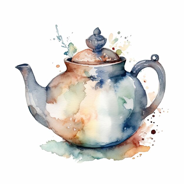 ceramic teapot isolated on white background Watercolor illustration