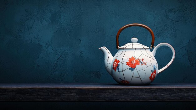 Photo ceramic teapot with floral design on a shelf against a textured blue background