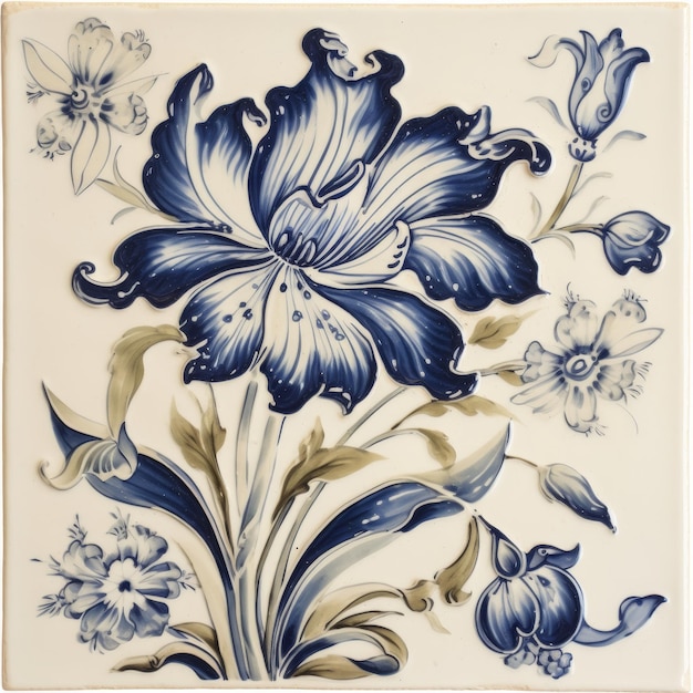 Photo ceramic tile with floral pattern blue and white flowers on a white background