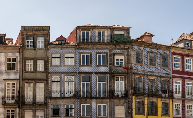 Ceramic tiles and balconies of apartments and homes in downtown Porto