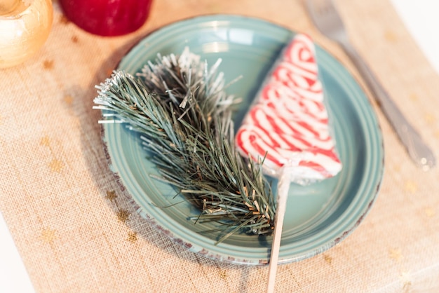 Ceramic Turquoise Plate with Christmas Tree Branch and Christmas Candy Cane View from Above