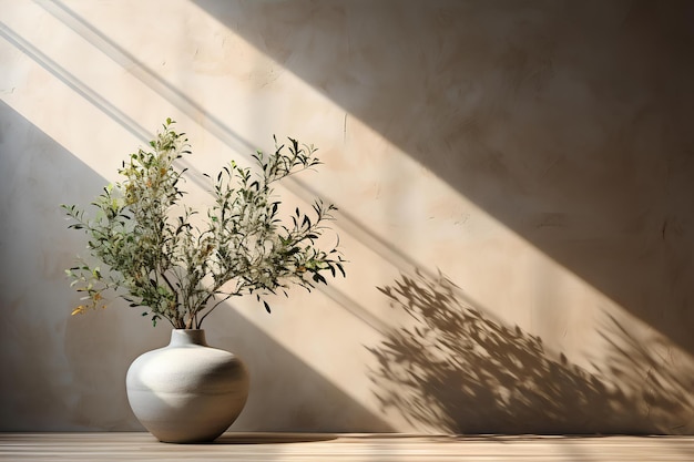 A ceramic vase is holding an olive plant