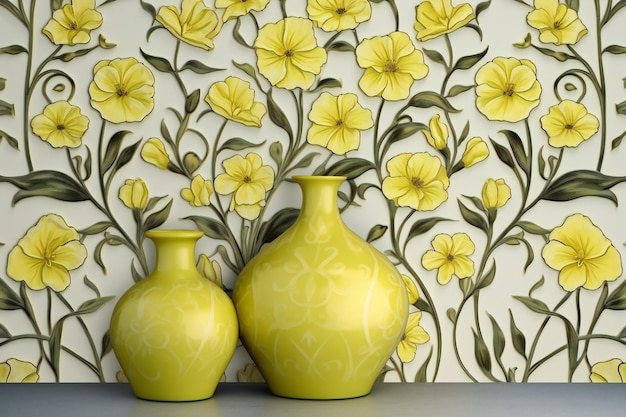 Ceramic vase on the table with floral wallpaper background