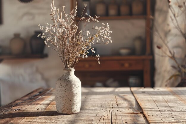 Photo ceramic vase with dried flowers on wooden table in room