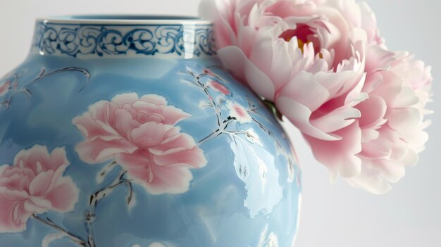 Ceramic Vase with Peony and Rose in CloseUp on transparent background