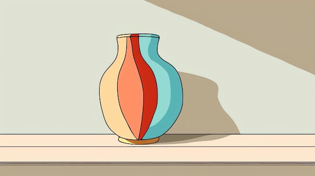 A ceramic vase with a simple design sits on a shelf against a beige background The vase has a blue and red striped pattern