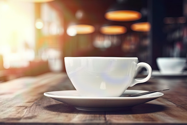 Ceramic white coffee cup on a wooden table in a cozy cafe with blurred background and bokeh