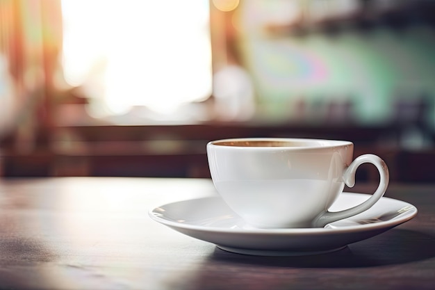 Ceramic white coffee cup on a wooden table in a cozy cafe with blurred background and bokeh