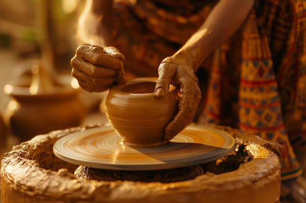 A ceramist sculpts a clay pot on a potter wheel