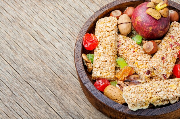 Cereal granola bars with nuts and mix dry berries