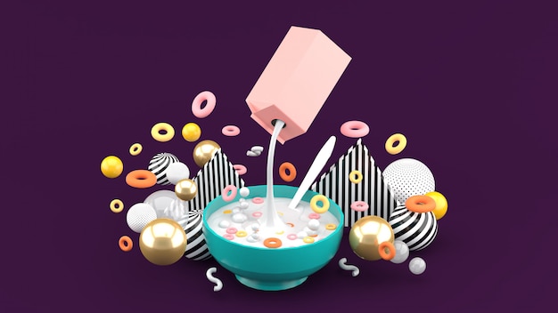 Cereal and milk are among the colorful balls on the purple space