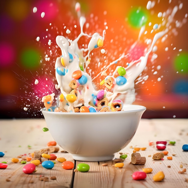 Cereal milk bowl Splash of milk splashing with colored cereal in the air Generative ai