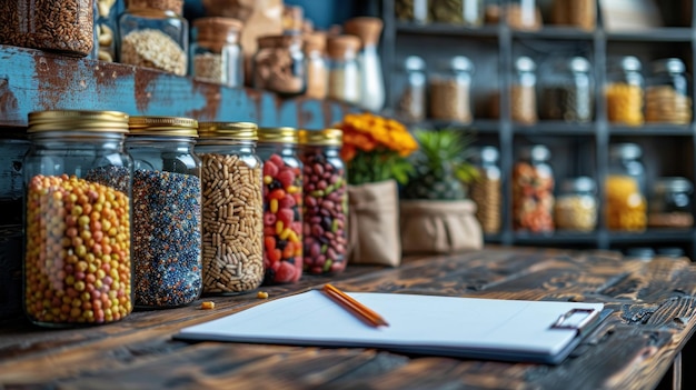 Cereals in glass jars on the table next to a Notepad and pencil Space for text